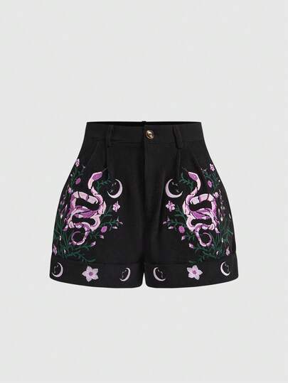 Goth Women's Vintage Mysterious Vine Embroidered Star, Moon, Snake Embroidered Shorts