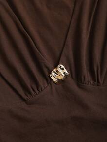 Sweetra 深V领棉混纺修身T恤，喇叭袖，春夏款 - 咖啡棕 - 查看 4