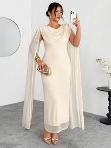 Firerie Plus Size Elegant Comfortable Casual New Dress, Suitable For Party, Gathering, Date, Ball, Holiday, High-End Occasions, Afternoon Tea, Elastic Mesh Plunging Neck Waist Cinched Long Sleeve Dress, Spring/Summer/Autumn/Winter Cream Dress Plus Size  Curve Elegant Dress Dress With Cape Spring Outfit Women Spring Dress For Women - Apricot - View 6