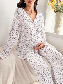 Moonlight&Mama 2pcs Ditsy Floral Lapel Pocket Front Long Sleeve Sleepwear Top And Pants Set, Maternity - Multicolor - View 3