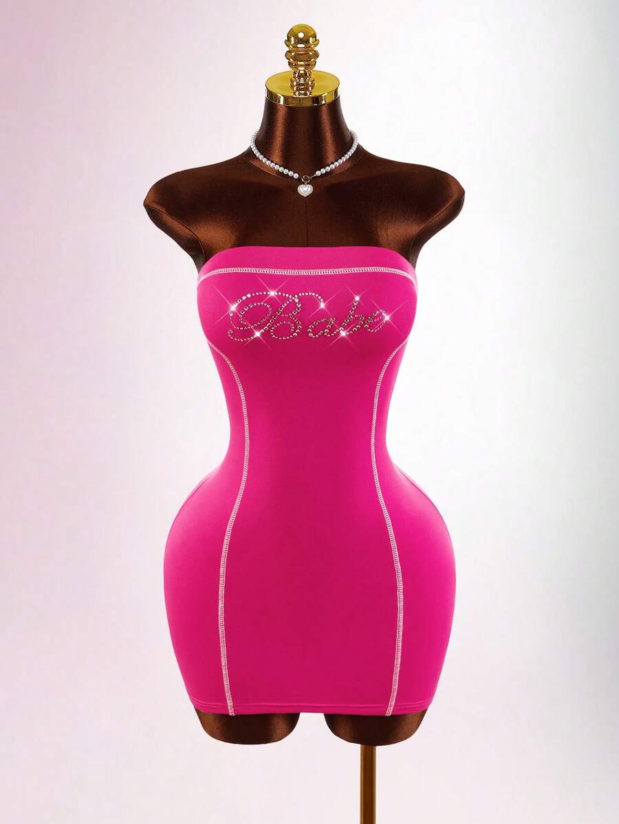 Amplova Rhinestone English Letter Pattern Comfortable Fabric Tight-Fitting Mini Dress, Rose Pink - Pink - View 1