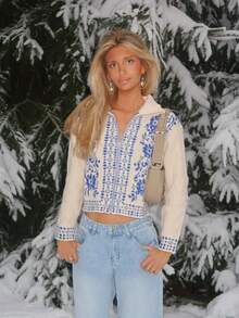 Sydney Algeri Suéter de Gola Alta para Férias Feminino, Branco, Outono/Inverno, Tops de Manga Longa - Preto e Branco - Visão 1