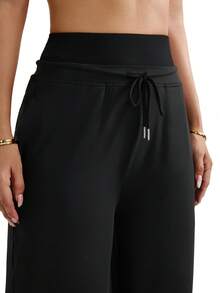 With My Calm Damskie spodnie do jogi z szerokimi nogawkami i kieszeniami bocznymi, z patchworkowym pasem, odpowiednie do uprawiania sportu, na zewnątrz i na siłownię - Czarne - Zobacz 5