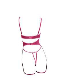 SpicyHot 5pcs/Set Pink Summer Sexsy Party Wedding Guest Music Festival Lace-Up Hollow Out Bodysuit With Underwire,Includes:Bodysuit+Nipple Pasties+Leg Garters - Hot Pink - View 2