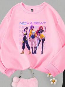 SHEIN Explorewe 1 Set Young Girls Casual Cartoon K-POP Girl Graphic Crew Neck Long Sleeve Sweatshirt And Flare Pants Outfit, Suitable For Outings, School, Shopping, Cozy Fall & Winter Styles - Multicolor - View 5