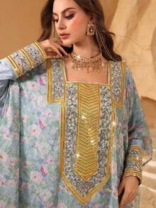 Al Najma Romantic Elegant Square Neck Embroidered Dress, Spring/Summer Kaftan Jalabiya Dress - Multicolor - View 3