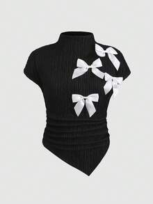 SHEIN 少女休闲优雅不对称下摆立体花卉装饰立领蝙蝠袖T恤，黑色 - 黑色 - 查看 2