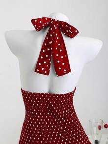 Elamini Black & White Polka Dot Halter Neck Waist Back Cutout Ruffle Hem Mini Dress, Elegant Romantic Cute For Vacation, Beach, Daily Wear, Date, Summer - Red - View 6