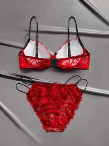 EmpressEnvy 粉色和黑色蕾丝内衣套装，镂空钩编工艺，性感细肩带设计，亲肤贴身 - 紅色 - 查看 2