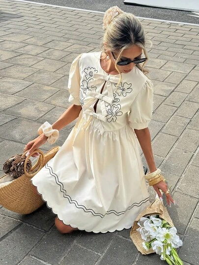 SHEIN Frenchy Women's Casual Contrast Embroidery Round Neck Floral  Bow Decor Fashion Vacation/Date Mini Dress,Casual Dress, Vacation Dress Work/Office Work Clothes Women Business Casual Woman Holiday Style Clothing Everyday Clothing,Tea Party Dress Business Casual Woman Going Out Dress Summer Dresses For Women Vacation Outfits Woman Teacher Outfits For Women Western Wear Women Night Out/Going Out Beach Resort