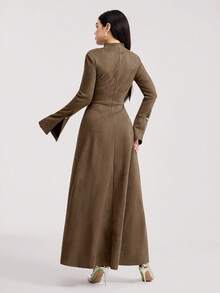 Veilorie 女士优雅简约纯色立领喇叭袖收腰连衣裙，秋季款 - 咖啡棕 - 查看 3