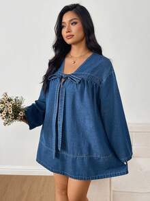 Sunnyshic 大码女式水洗牛仔蝴蝶结衬衫，艺术长袖宽松休闲女式牛仔衬衫 - 中等水洗藍 - 查看 5