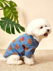PETSIN 1件宠物猫狗通用蓝色小熊可爱图案针织提花开襟裙装外套保暖舒适狗狗毛衣外套 - 藍色 - 查看 5