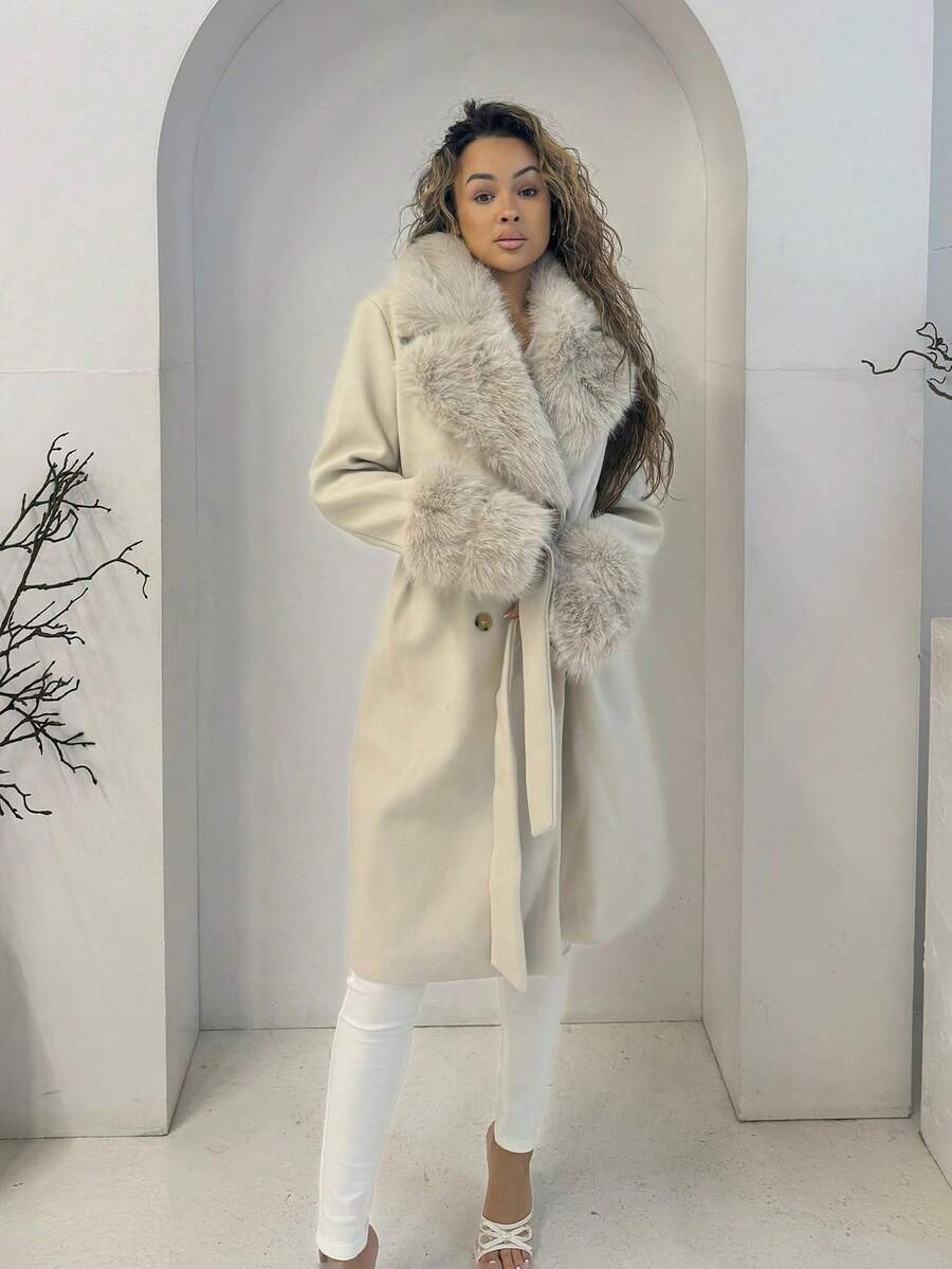 RebeccaVibe Fluffy Collar Thick Warm Long Belted Knitted Coat - Beige - View 1