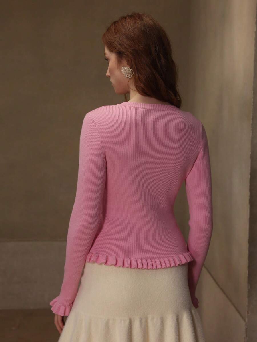 MOTF PREMIUM RHINESTONE BEADED DETAIL FLARE SLEEVE RUFFLE HEM SLIM FIT SWEATER - Baby Pink - View 2