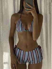 Costavie 女士三件套复古条纹印花串珠比基尼套装：挂脖比基尼上衣，低腰泳裤，时尚休闲沙滩度假性感甜美装扮 - 彩色 - 查看 2