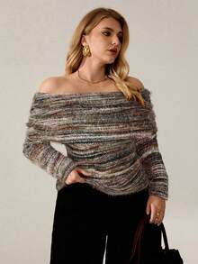 Auralis Pink And Grey Plus Size Women Elegant Off-Shoulder Ruched Knit Sweater,Casual Everyday Y2K Fitted Faux Fur Pullover For Autumn,Spring Long Sleeve Tops - Green - View 4
