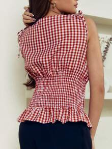 Criza Taa 女士春夏优雅格纹肩带腰部修身背心，百搭日常通勤之选 - 紅白色 - 查看 6