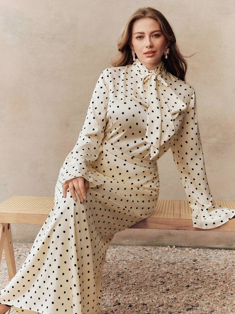 Plus Size Women's 2 Piece Set, Elegant Commuter Vacation Style, Polka Dot Print Stand Collar Bow Decor Long Sleeve Ruffle Cuff Blouse + High Waist Straight Skirt, Spring, Summer, Going Out, Elegant, Formal, Party, Chic, New Year, Christmas, Graduation French Style Clothes Blouse And Pants Set