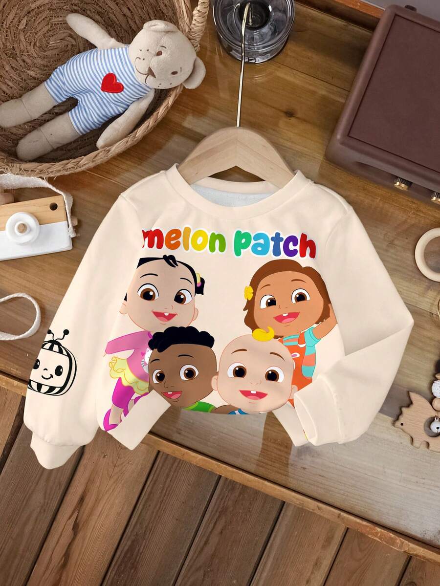 CoComelon X SHEIN Baby Boy Casual Cartoon Pattern Crew Neck Sweatshirt, Autumn - White - View 1