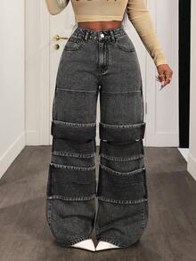 Slaydiva Women's High Waist Pockets Wide Leg Loose Casual Versatile Jeans - Dark Grey - View 4