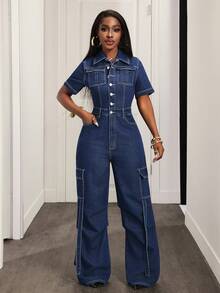 Slaydiva Bộ áo liền quần denim nữ tay ngắn, kiểu dáng thường ngày, màu xanh denim, áo liền quần denim kiểu cargo, áo liền quần denim tay ngắn cho nữ. - Màu xanh lam - Xem 4