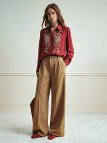 Écloséra 女士休闲通勤法式刺绣长袖棕色衬衫，秋冬款