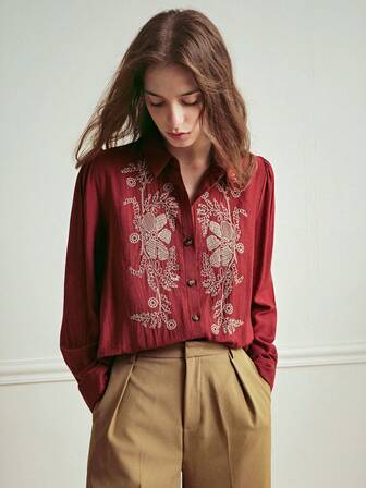 Écloséra 女士休闲通勤法式刺绣长袖棕色衬衫，秋冬款