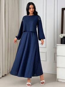 EURMUSE Bộ đồ hai mảnh dành cho nữ, gồm áo và chân váy, với chi tiết hình quả lê. - Xanh đậm - Xem 4