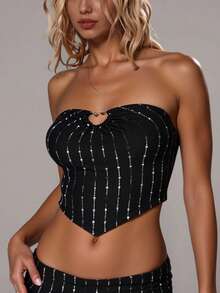 TypaGal Y2K Edgy Chic Urban Bold Modern Rebel Sparkle Wild Sexy Stylish New Year Winter Summer  Black Heart-Decorated Slim-Fit Knitted Women's Y2K Sequin Asymmetric Hem Cropped Fitted Sexy Bandeau Top - Black - View 1