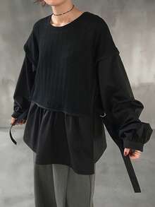 FRIFUL 女士休闲二合一长袖T恤，秋季款 - 黑色 - 查看 1