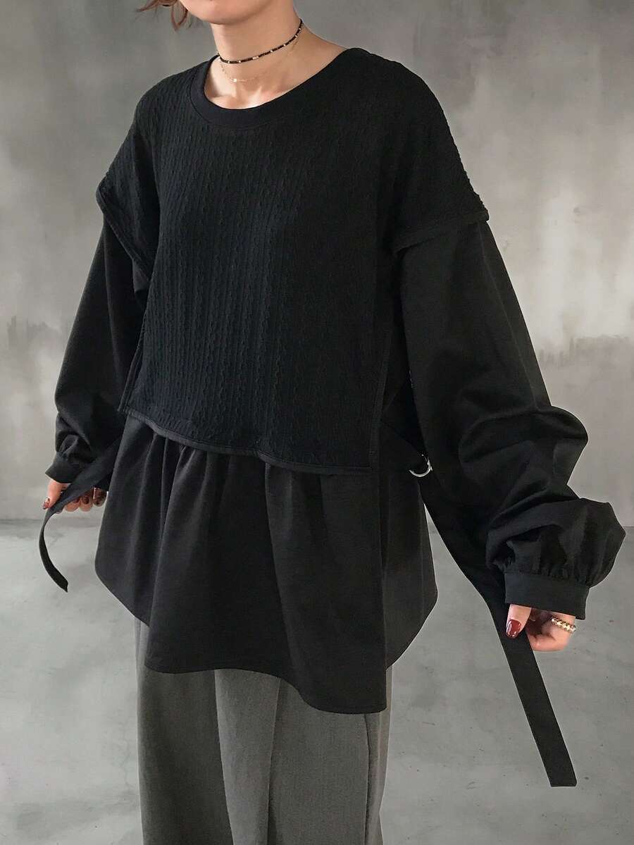 FRIFUL 女士休闲二合一长袖T恤，秋季款 - 黑色 - 查看 1