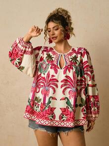 Travachic Plus Size Women Tropical Retro Boho Pattern Long Sleeve Tie Front Blouse Beach Vacation Vacation Vacation Hot Pink Autumn Fall - Pink - View 3