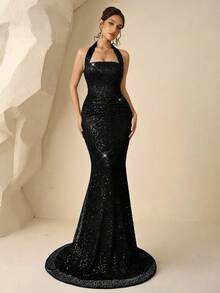 Coutiva Elegant Sequined Halter Neck Slim Fit Party Dress For Women,Luxury Sparkly Black Glitter Sequin Cocktail Birthday Graduation Wedding Guest Dress - Black - View 4