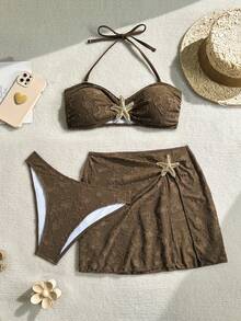Soleia 3pcs Vacation Beach Textured Fabric Bandeau Bikini, Cover-Up & Skirt Set - Brown - View 3