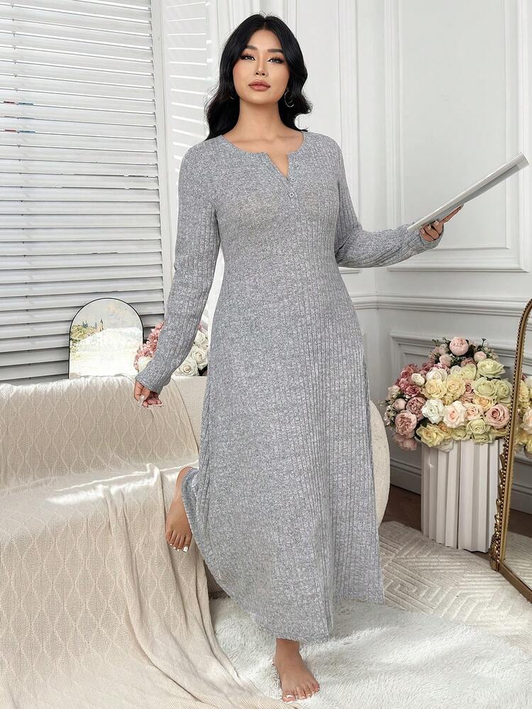 Dazy Plus Plus Size Women Elastic Fitted Ribbed Half-Open Collar Wrap Long Knit Nightgown