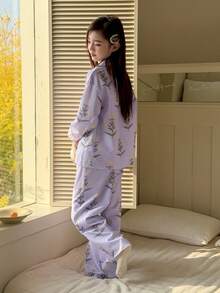 DAZY Tween Girl Floral Print Long Sleeve Button-Up Pocket Top And Pants Pajama Set Spring - Purple - View 1