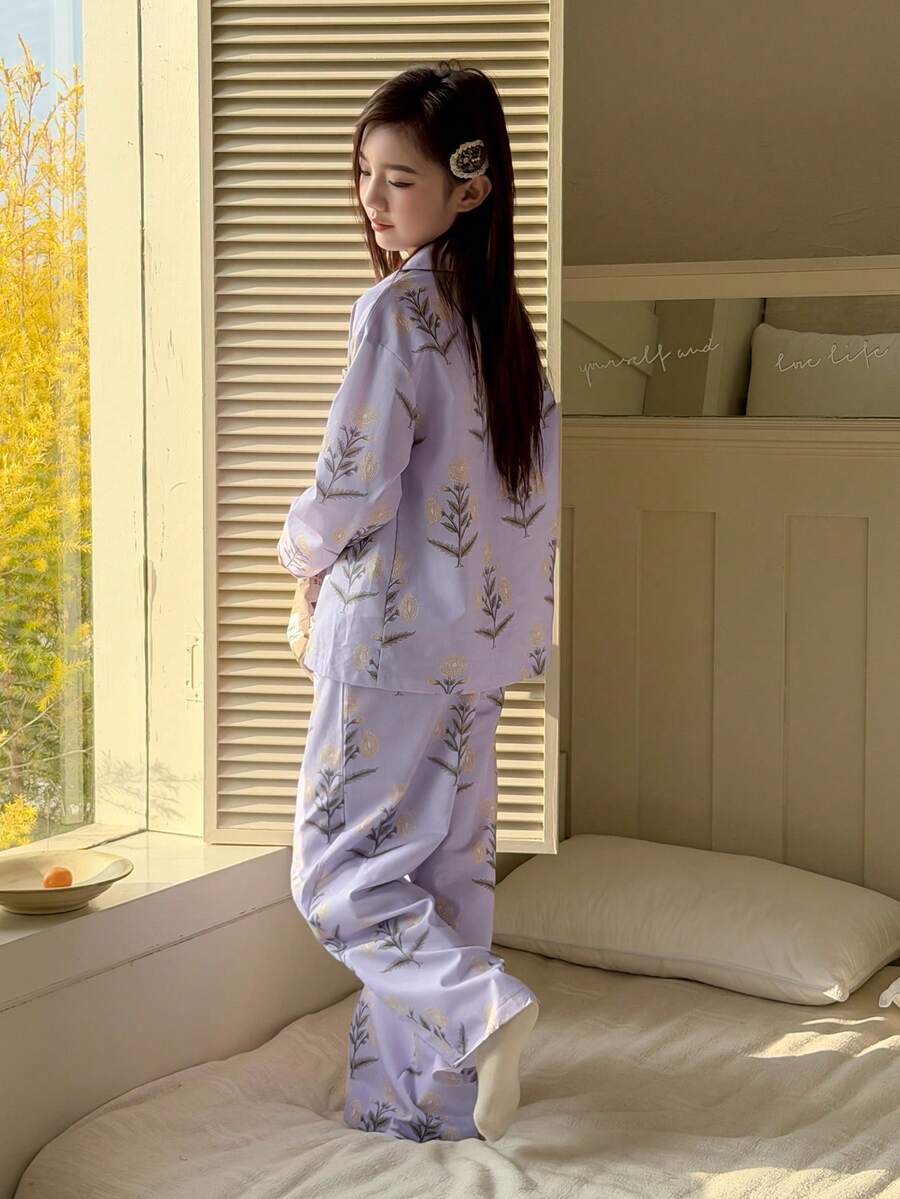 DAZY Tween Girl Floral Print Long Sleeve Button-Up Pocket Top And Pants Pajama Set Spring - Purple - View 1