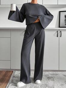 EURMUSE Drop Shoulder Ribbed Knit Tee & Wide Leg Pants Textured Fabric Two Pieces - Dark Grey - View 5