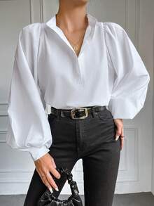 EURMUSE Button Front Half Placket Puff Sleeve Women's Shirt - White - View 4