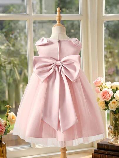 Glamorique Kids Girls' Pink Satin & Tulle High-End Dress, Bow Decor Sleeveless High Waist Princess Dress, Children Birthday Wedding Flower Girl Dress