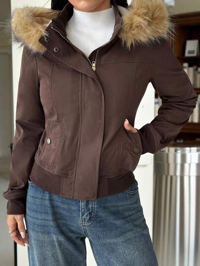 SHEIN EZwear Women's Casual Brown Fuzzy Hooded Jacket, Autumn