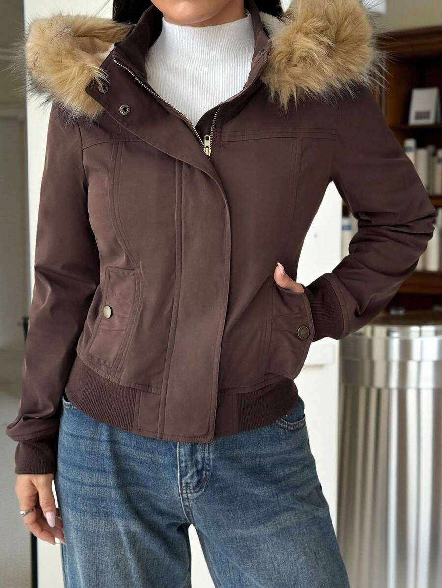 SHEIN EZwear Women's Casual Brown Fuzzy Hooded Jacket, Autumn - Coffee Brown - View 1