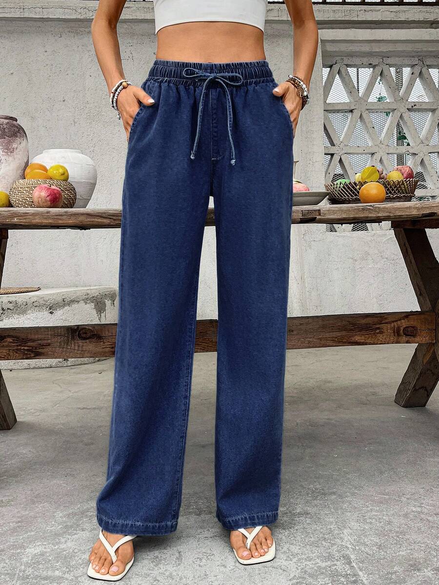 SHEIN Holidaya 女士休闲日常通勤简约百搭抽绳腰侧口袋宽松阔腿牛仔裤 - 深色水洗藍 - 查看 1