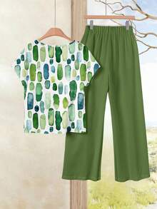 EMERY ROSE 2pcs/Set Women Casual Loose Fit Round Neck Top And Wide Leg Pants, Versatile Outfit For Spring/Autumn - Multicolor - View 3