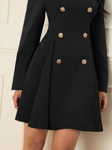 Lilora 优雅高端法式V领修身A字双排扣金属纽扣装饰长袖连衣裙，适合工作、约会和派对等场合。 - 黑色 - 查看 6