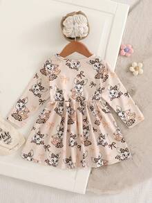 SHEIN Đầm dài tay dáng chữ A cổ tròn, eo thon, in hình thỏ vintage, chất liệu co giãn, thích hợp cho bé gái mặc hàng ngày và mặc ở nhà, mùa xuân. - Màu Khaki - Xem 4