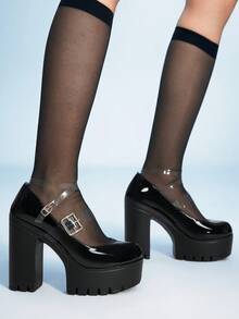 Sugerpunk Tacones altos de moda con diseño de hebilla y suela gruesa, estilo punk para mujer - Negro - Ver 6