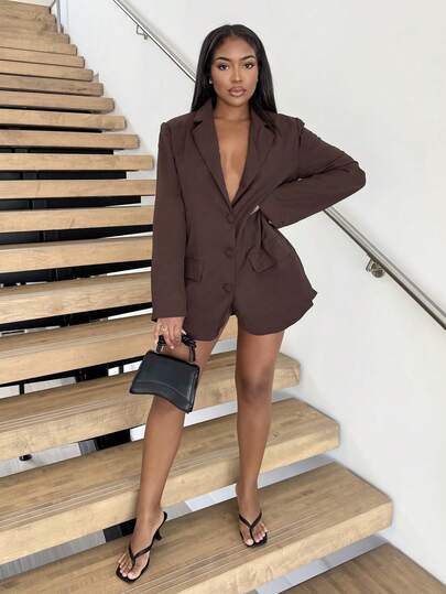 Alexandranx 量身定制的超大西装外套连衣裙缺口翻领单排扣优雅专业商务休闲度假秋冬秋季工作办公室旧钱约会之夜外出返校婚礼宾客圣诞套装可爱棕色派对