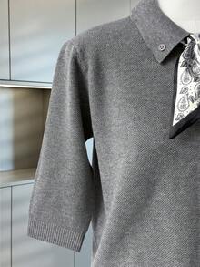 Franclia Women's Spring/Summer Gray Simple Versatile Scarf Tie Fashionable High-End Design Button Lapel Raglan Half Sleeve Casual Knit Pullover Sweater - Grey - View 4